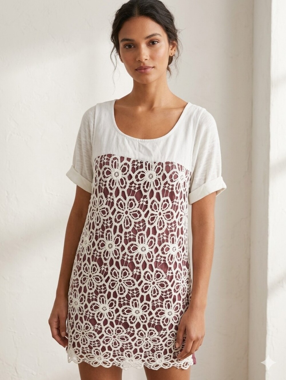Charming Charlies Cream Crochet Lace Dress with Burgundy Underlay